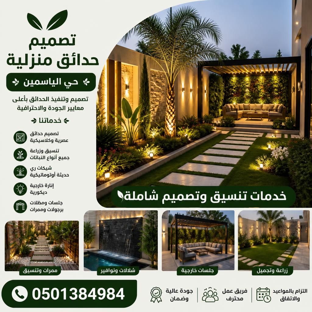 تصميم حدائق منزلية حي الياسمين | 0501384984 | خدمات تنسيق وتصميم شاملة