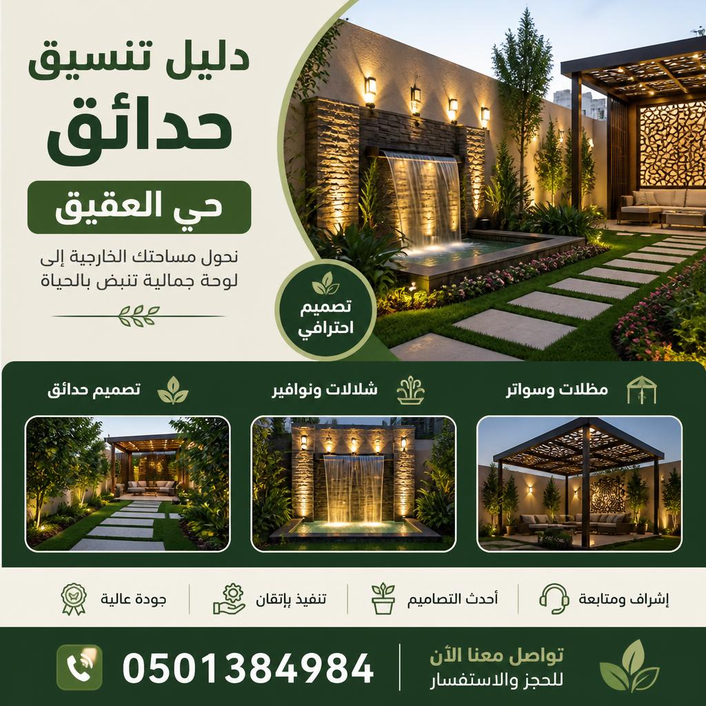 دليل تنسيق حدائق حي العقيق | 0501384984 | تصميم وشلالات ومظلات