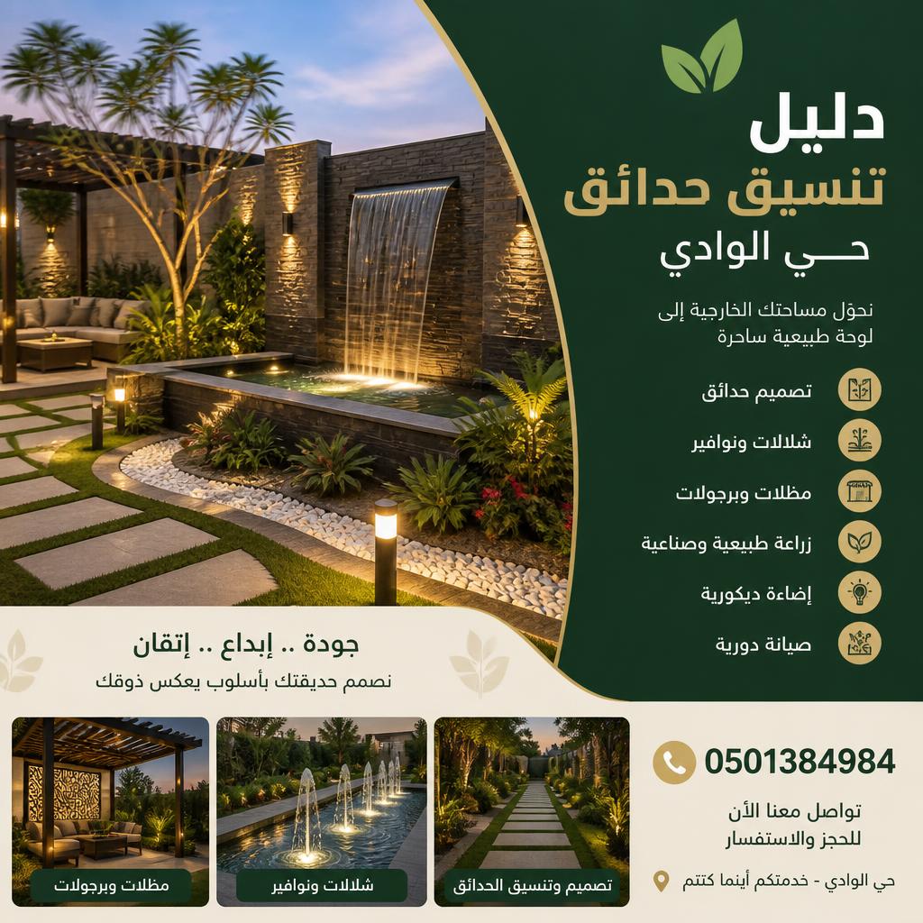 دليل تنسيق حدائق حي الوادي | 0501384984 | تصميم وشلالات ومظلات