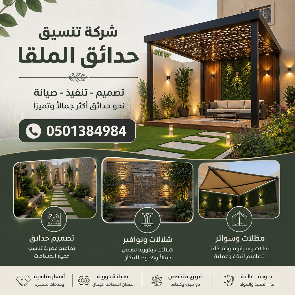 شركة تنسيق حدائق الملقا | 0501384984 | تصميم وشلالات ومظلات