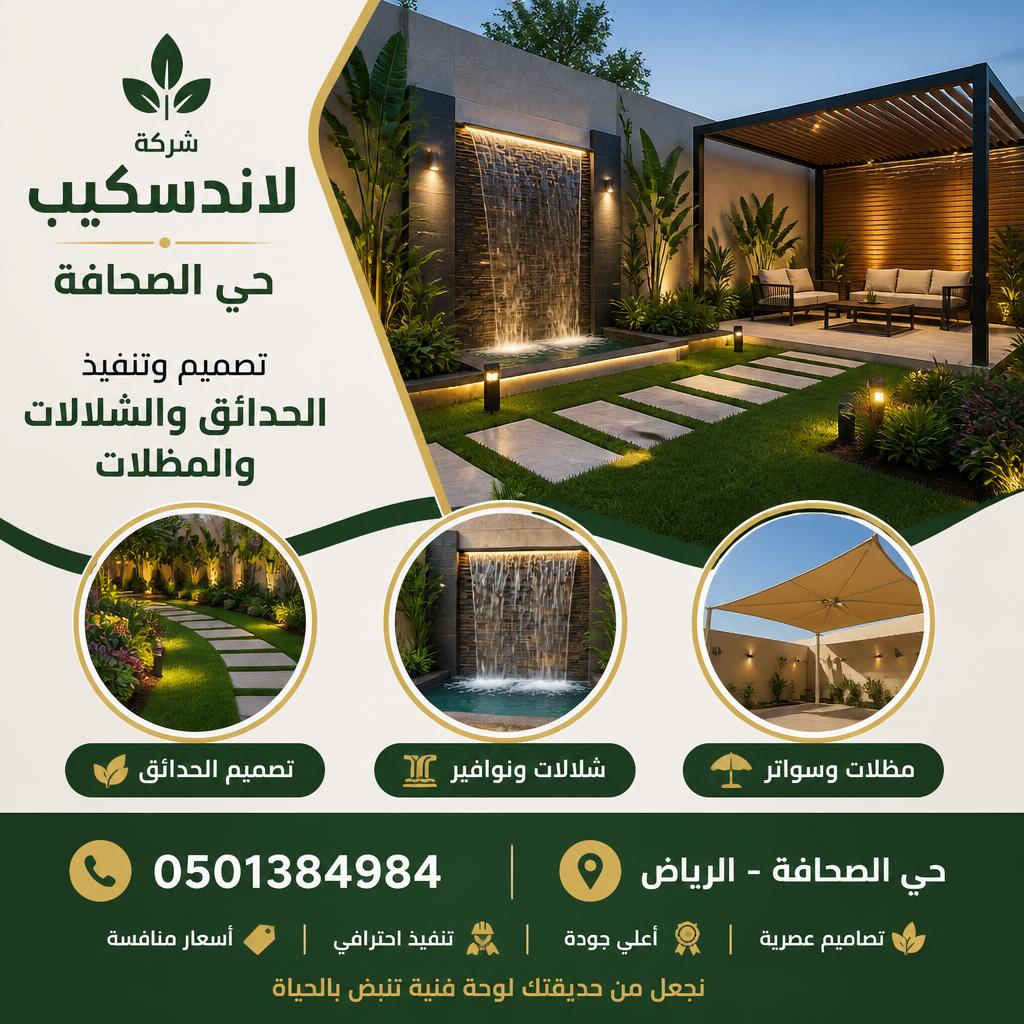 شركة لاندسكيب حي الصحافة | 0501384984 | تصميم وتنفيذ حدائق وشلالات ومظلات