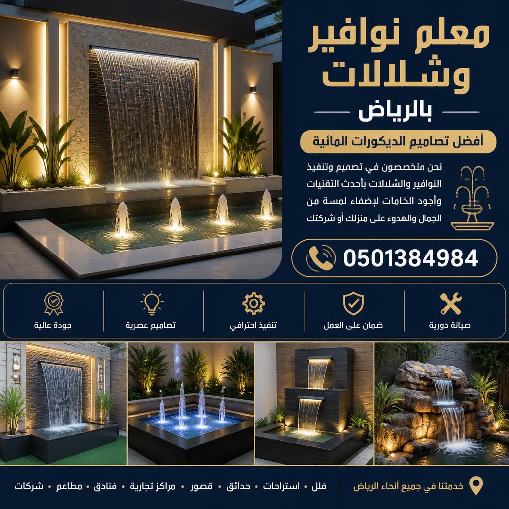 معلم نوافير وشلالات بالرياض | أفضل تصاميم الديكورات المائية (0501384984)